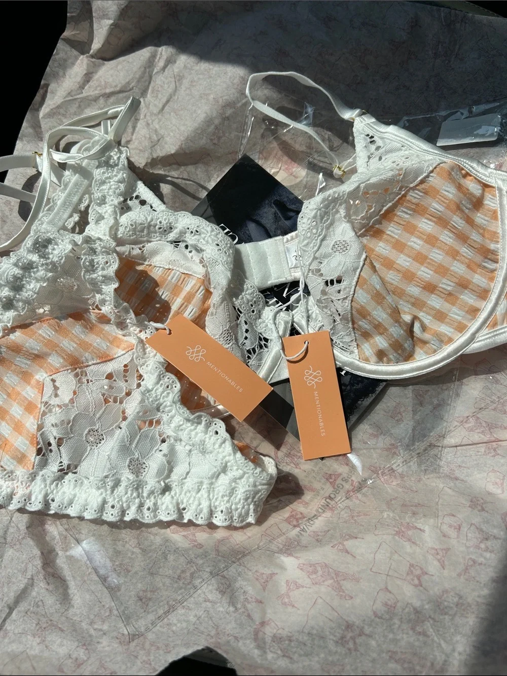 Mentionables White & Peach Gingham Lace Trim Bra and Thong Set